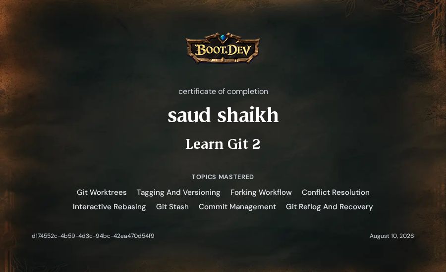 saud shaikh's Boot.dev Learn Git 2 certificate