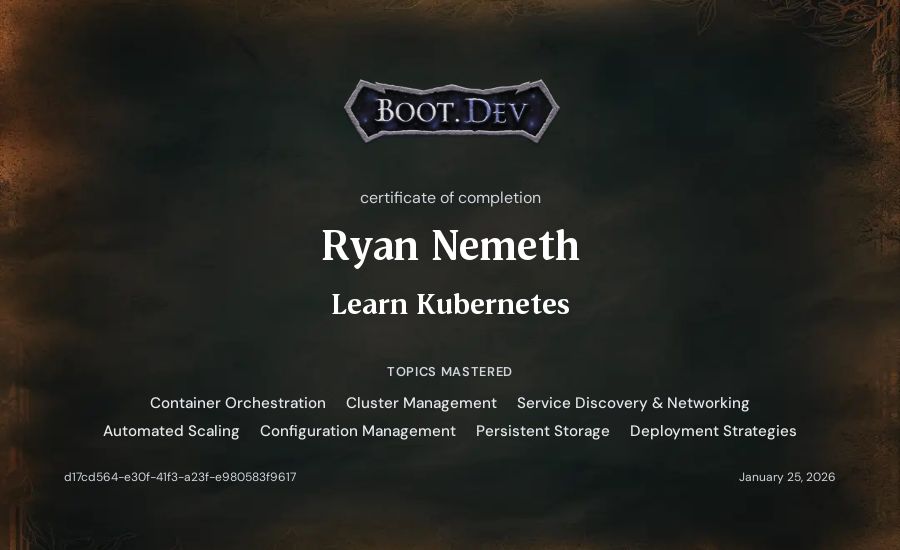 Ryan Nemeth's Boot.dev Learn Kubernetes certificate
