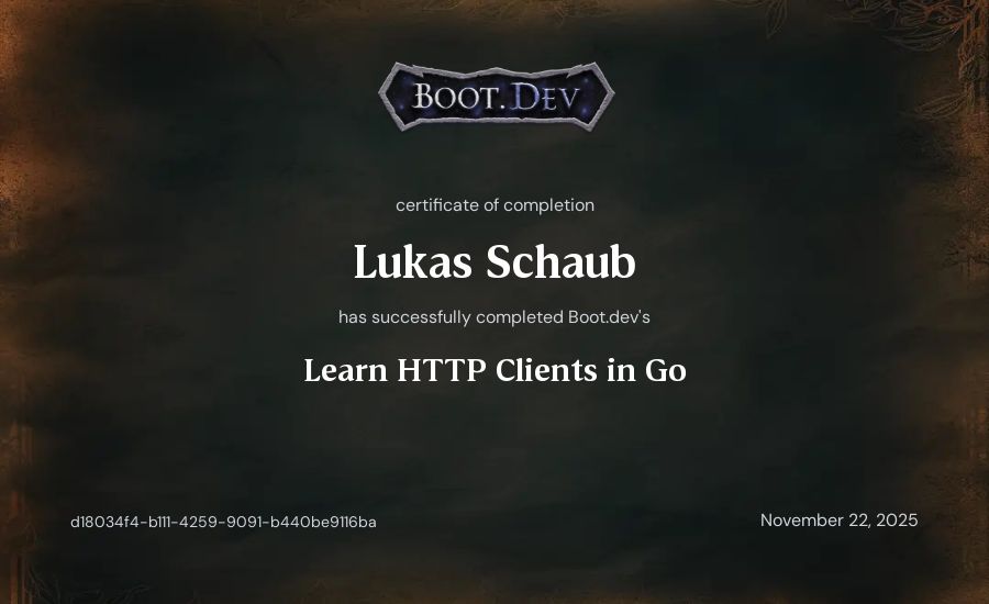Lukas Schaub's Boot.dev Learn HTTP Clients in Go certificate