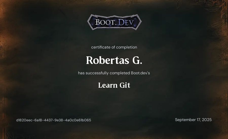 Robertas G.'s Boot.dev Learn Git certificate