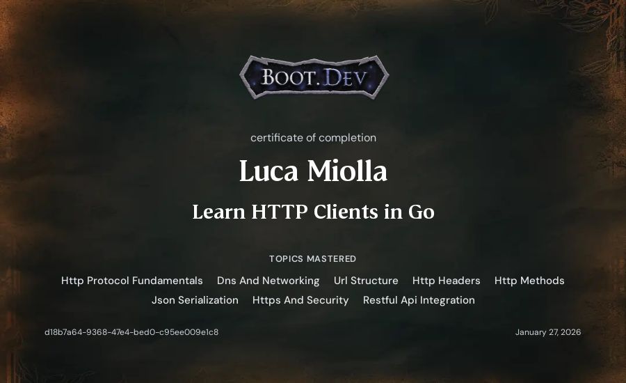 Luca Miolla's Boot.dev Learn HTTP Clients in Go certificate