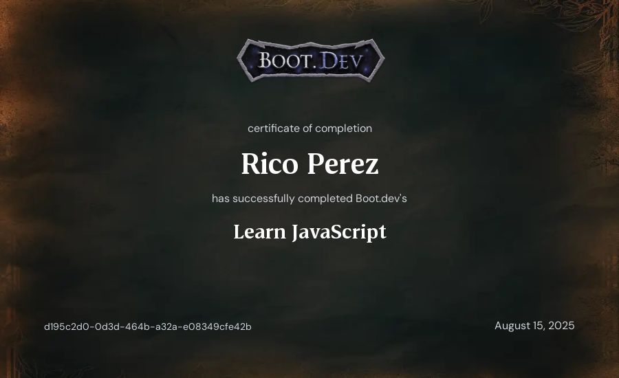 Celeste Perez's Boot.dev Learn JavaScript certificate