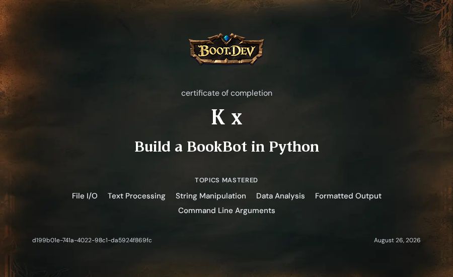 K x's Boot.dev Build a BookBot in Python certificate