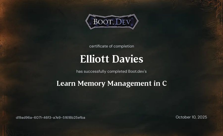 Elliott Davies's Boot.dev Learn Memory Management in C certificate