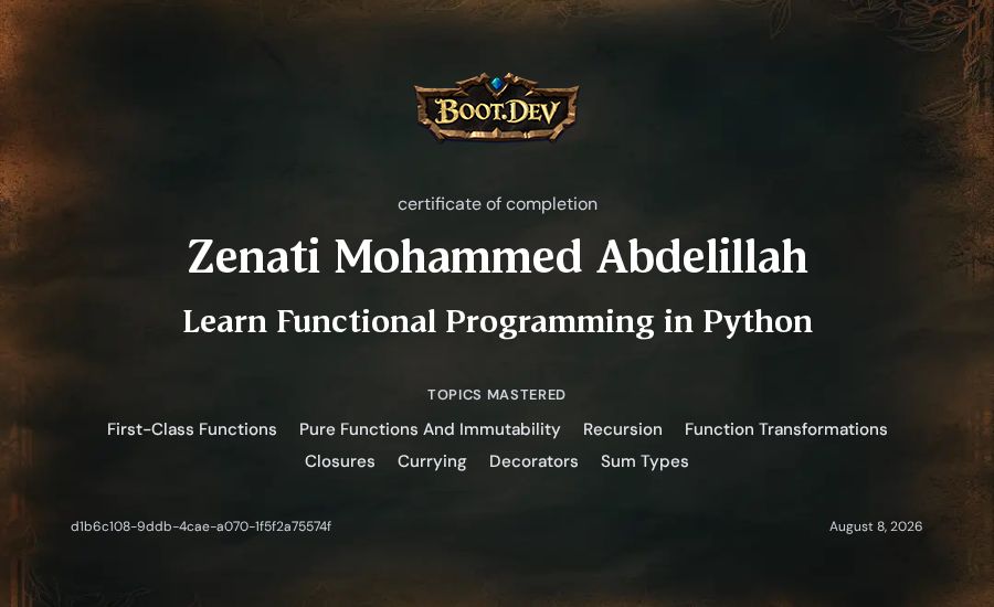 Zenati Mohammed Abdelillah's Boot.dev Learn Functional Programming in Python certificate