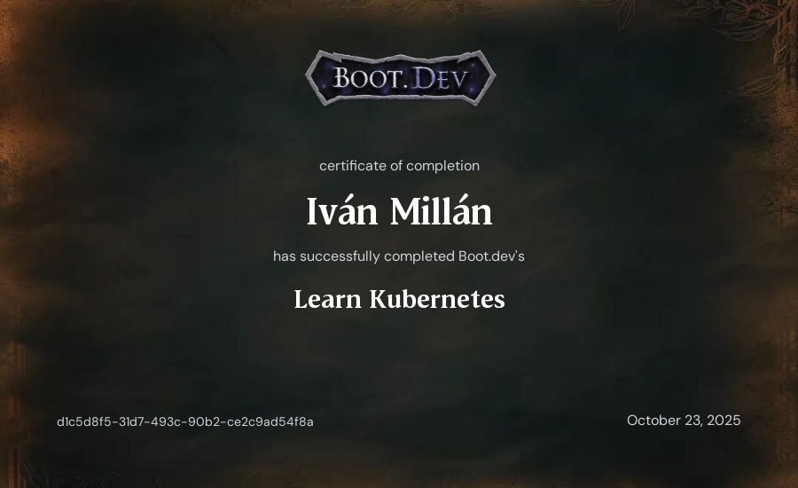 Iván Millán's Boot.dev Learn Kubernetes certificate