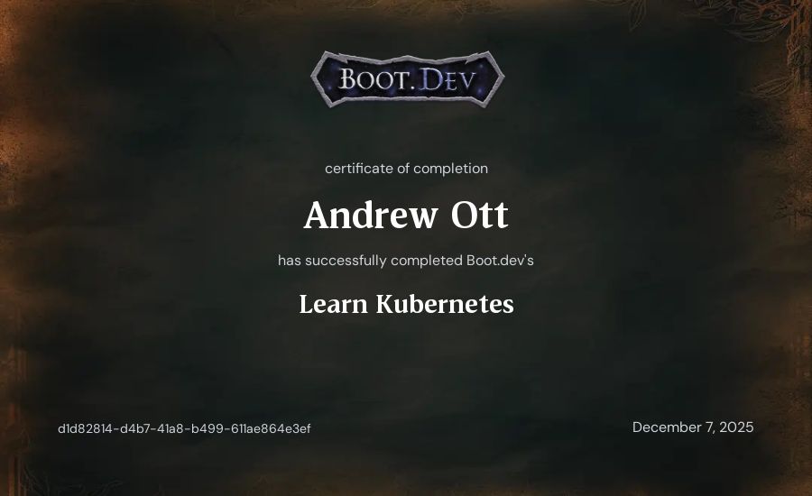 Andrew Ott's Boot.dev Learn Kubernetes certificate
