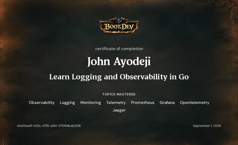John Ayodeji's Boot.dev Learn Logging and Observability in Go certificate