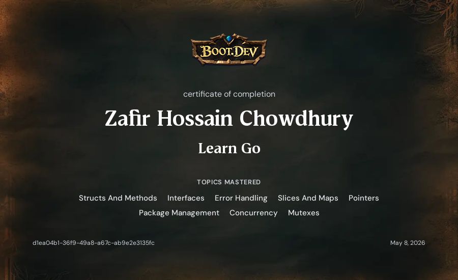Zafir Hossain Chowdhury's Boot.dev Learn Go certificate