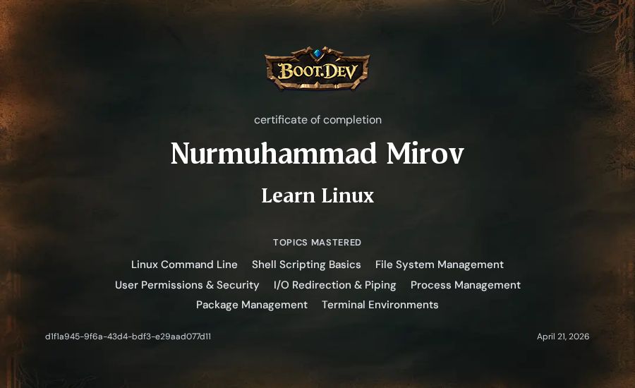 Nurmuhammad Mirov's Boot.dev Learn Linux certificate