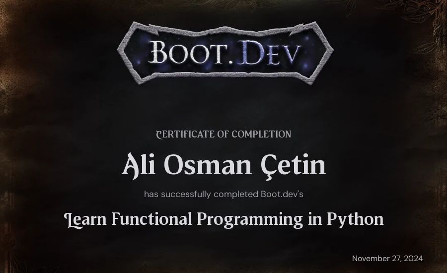 Ali Osman Çetin's Boot.dev Learn Functional Programming in Python certificate