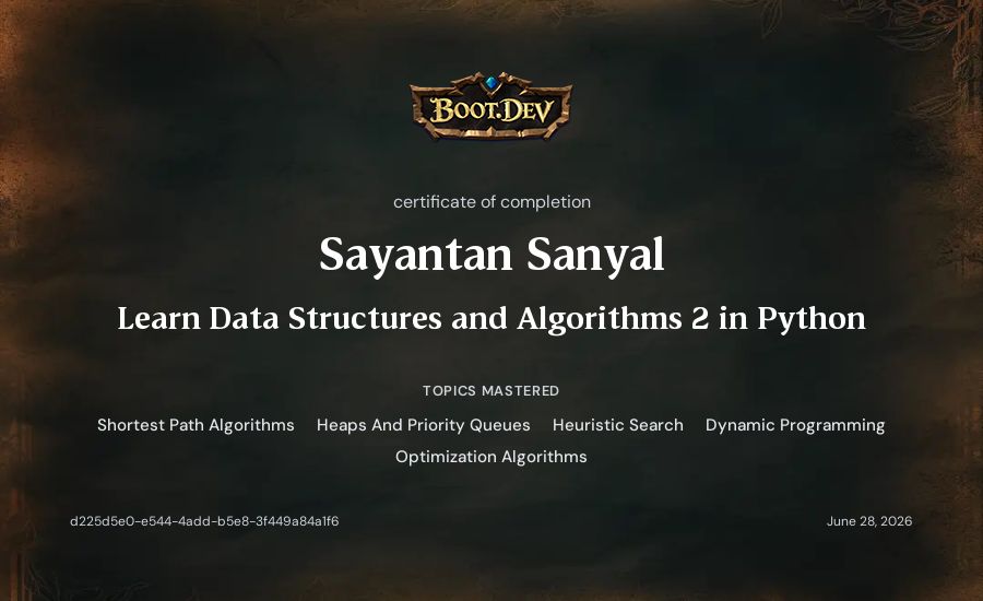 Sayantan Sanyal's Boot.dev Learn Data Structures and Algorithms 2 in Python certificate