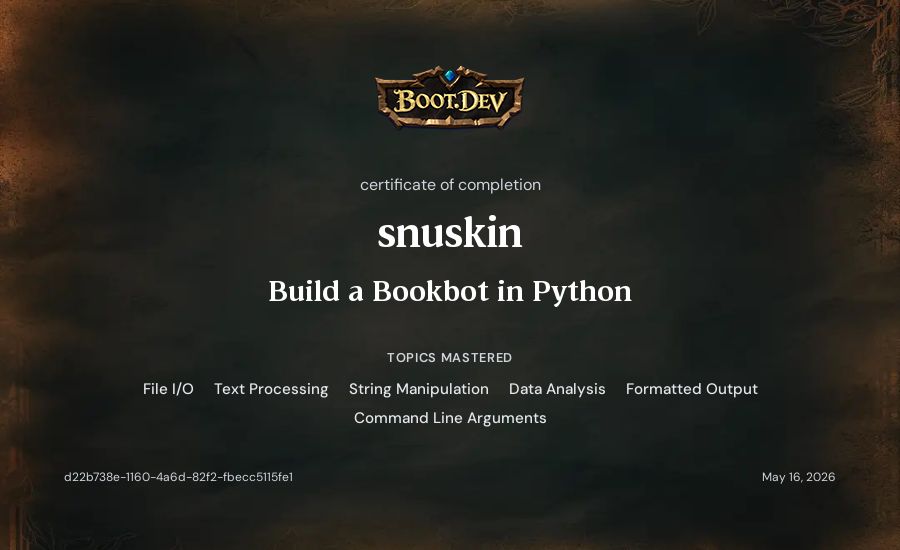 alfons's Boot.dev Build a BookBot in Python certificate