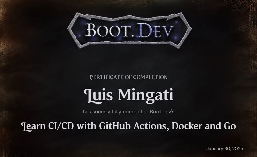 Luis Mingati's Boot.dev Learn CI/CD with GitHub Actions, Docker and Go certificate