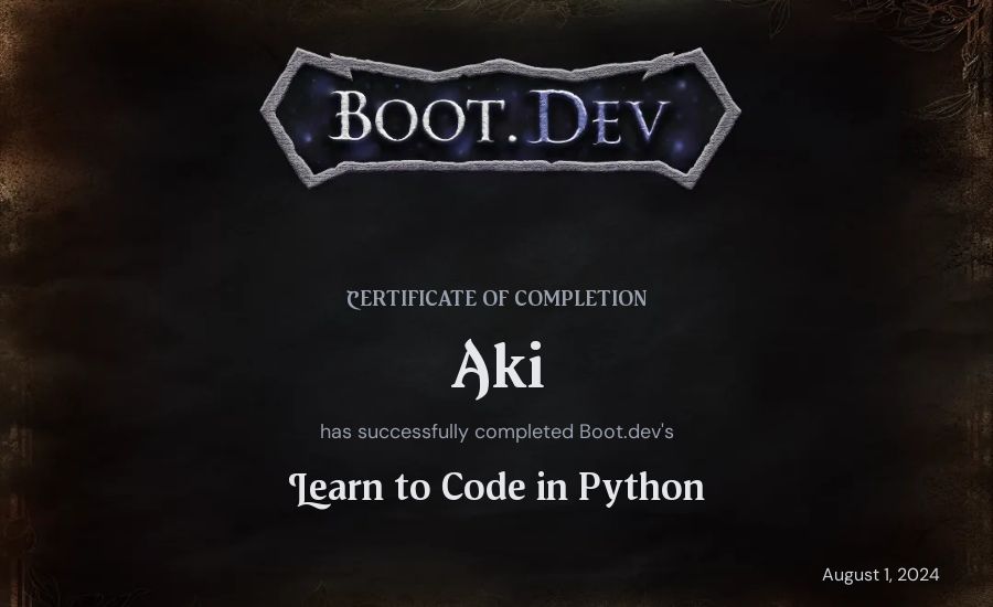 vgll's Boot.dev Introduction to Python Course certificate