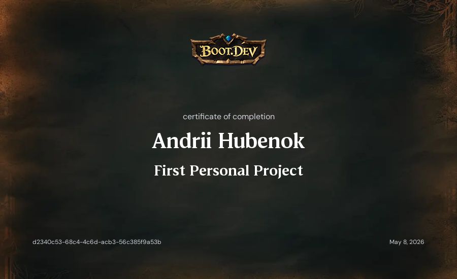 Andrii Hubenok's Boot.dev First Personal Project certificate