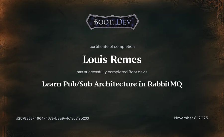 Louis Remes's Boot.dev Learn Pub/Sub in RabbitMQ and Go certificate