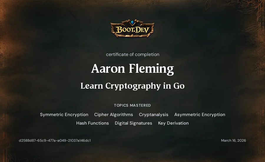 Aaron Fleming's Boot.dev Learn Cryptography in Go certificate