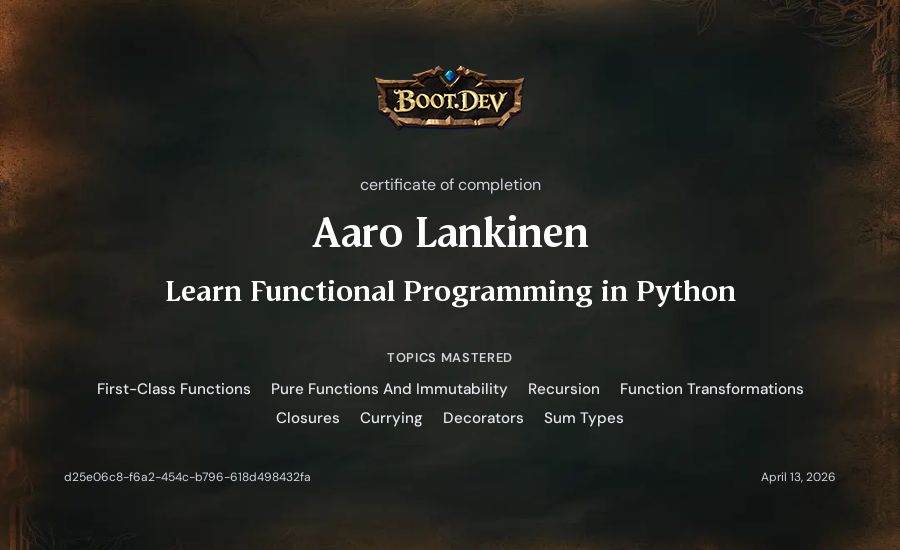 Aaro Lankinen's Boot.dev Learn Functional Programming in Python certificate