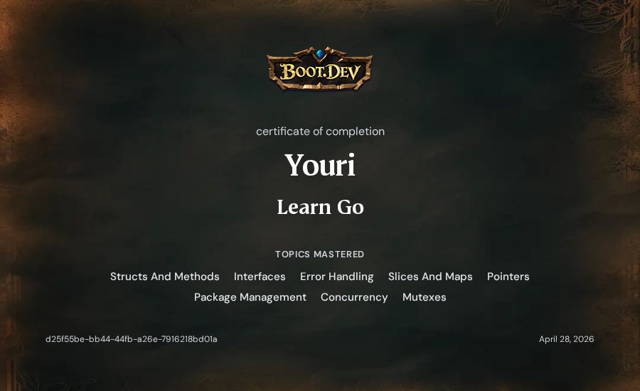 Youri's Boot.dev Learn Go certificate