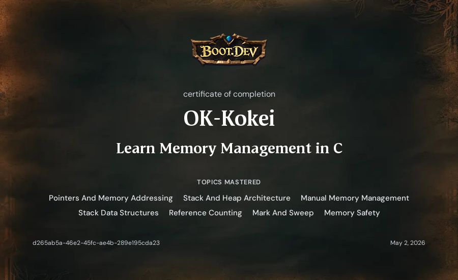OK-Kokei's Boot.dev Learn Memory Management in C certificate