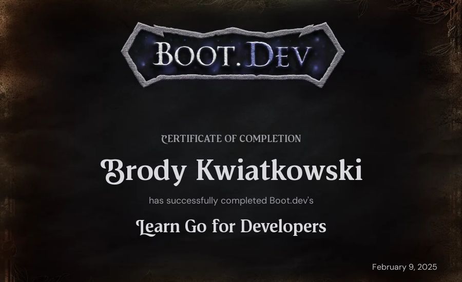 Brody Kwiatkowski's Boot.dev Learn Go certificate