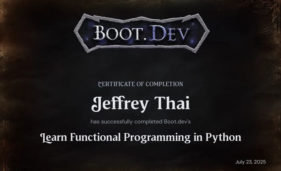 Jeffrey Thai's Boot.dev Learn Functional Programming in Python certificate