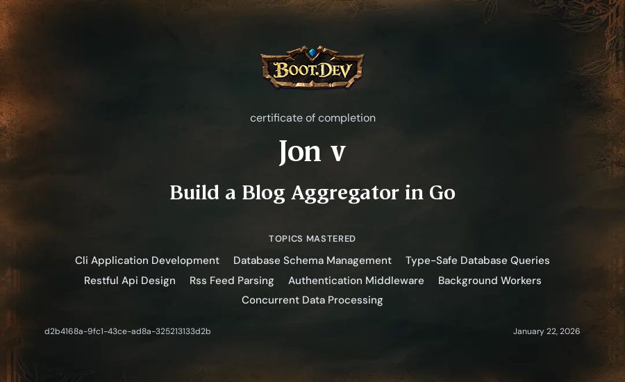 Jon v's Boot.dev Build a Blog Aggregator in Go certificate
