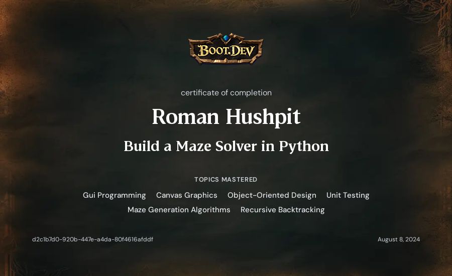 Roman Hushpit's Boot.dev Build a Maze Solver in Python certificate
