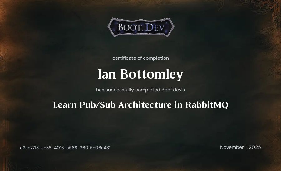 Ian Bottomley's Boot.dev Learn Pub/Sub in RabbitMQ and Go certificate
