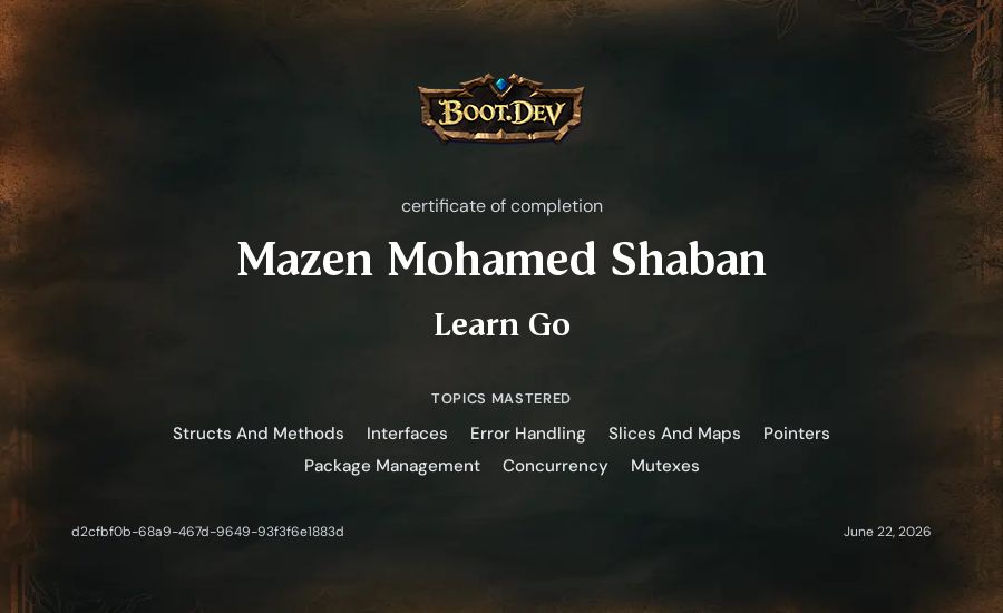 Mazen Mohamed Shaban's Boot.dev Learn Go certificate