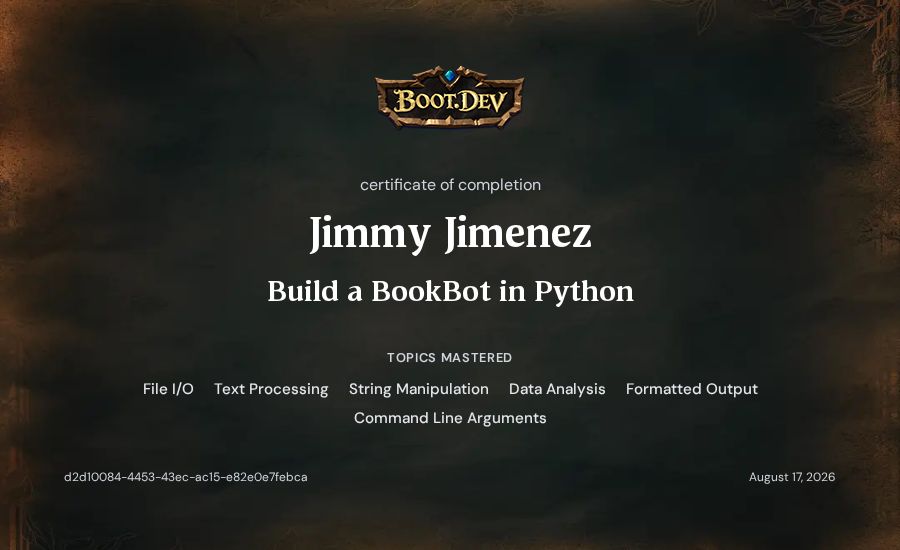 Jimmy Jimenez's Boot.dev Build a BookBot in Python certificate