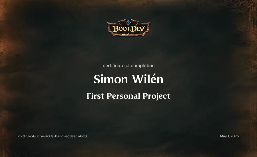 Simon Wilén's Boot.dev First Personal Project certificate