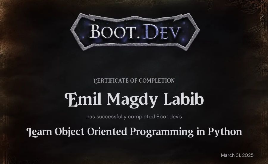 Emil Magdy Labib's Boot.dev Learn Object Oriented Programming in Python certificate