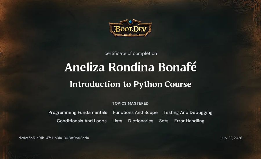 Aneliza Rondina Bonafé's Boot.dev Introduction to Python Course certificate