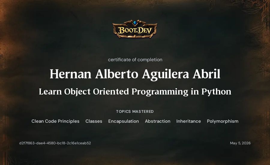 Hernan Alberto Aguilera Abril's Boot.dev Learn Object Oriented Programming in Python certificate
