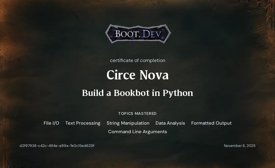 Circe Nova's Boot.dev Build a BookBot in Python certificate