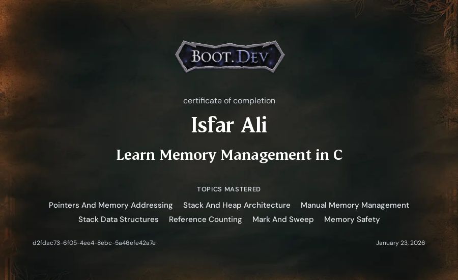 Isfar Ali's Boot.dev Learn Memory Management in C certificate