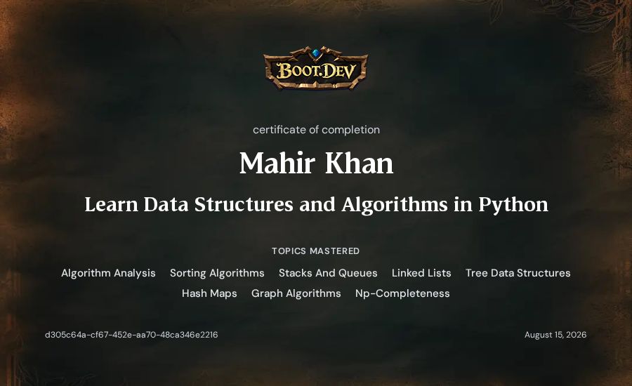 Mahir Khan's Boot.dev Learn Data Structures and Algorithms in Python certificate