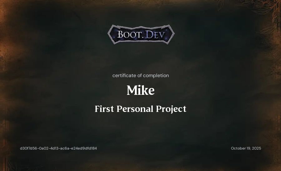 Mike's Boot.dev First Personal Project certificate