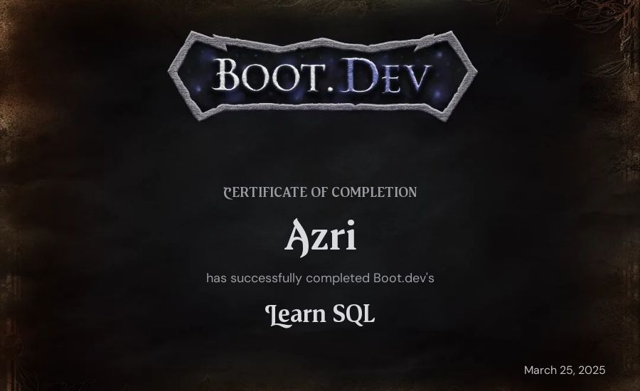 Azri's Boot.dev Learn SQL certificate