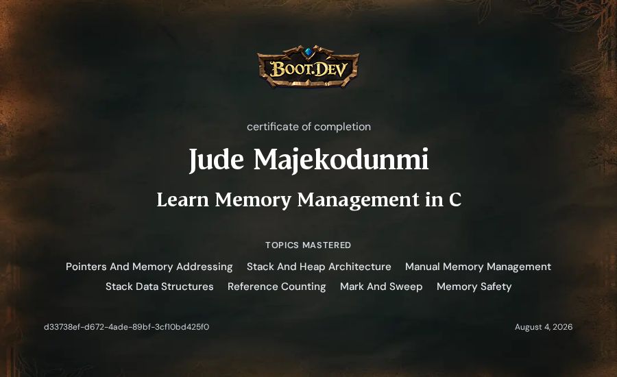 Jude Majekodunmi's Boot.dev Learn Memory Management in C certificate
