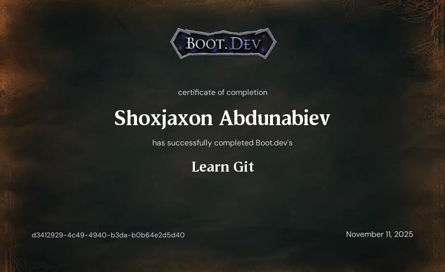 Shokhjakhon Abdunabiev's Boot.dev Learn Git certificate