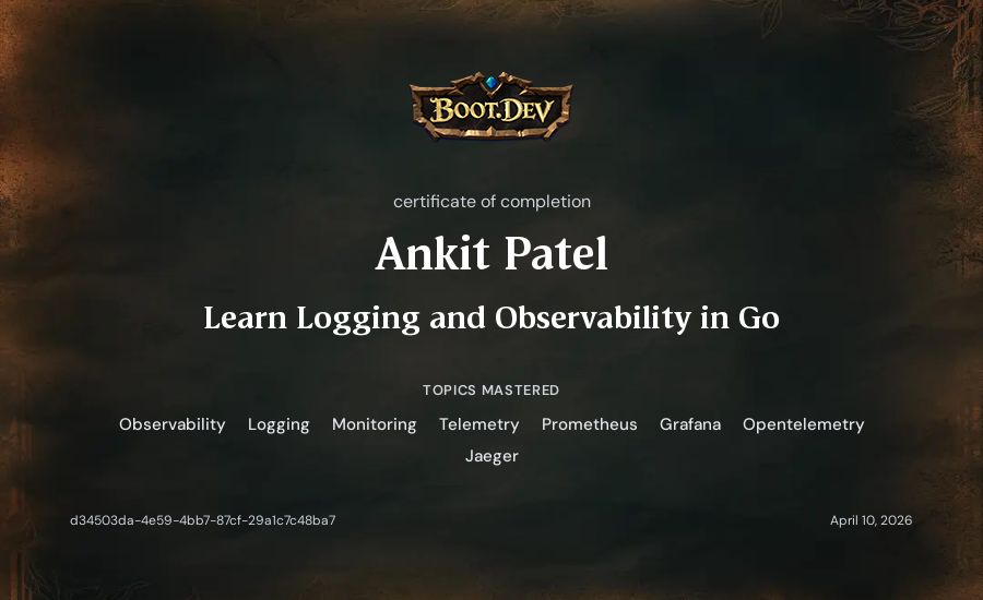 Ankit Patel's Boot.dev Learn Logging and Observability in Go certificate