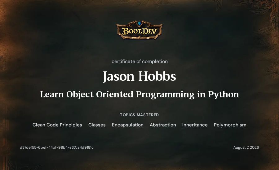 Jason Hobbs's Boot.dev Learn Object Oriented Programming in Python certificate