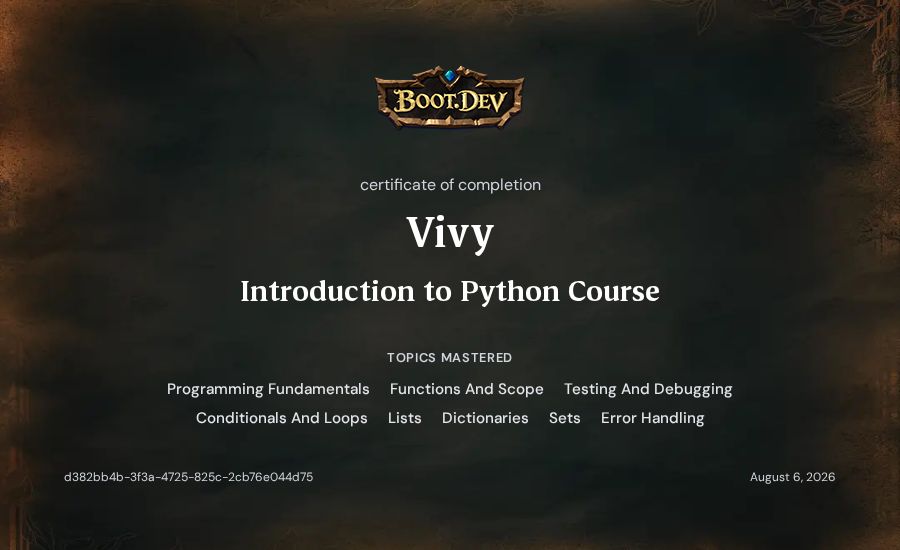 Vivy's Boot.dev Introduction to Python Course certificate