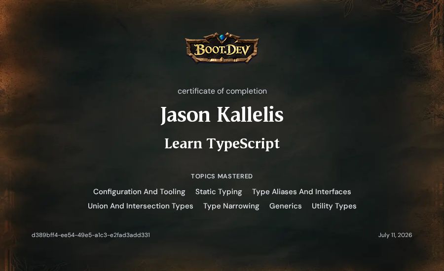 Jason Kallelis's Boot.dev Learn TypeScript certificate