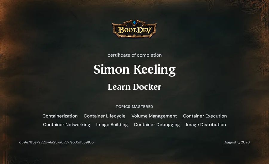 Simon Keeling's Boot.dev Learn Docker certificate