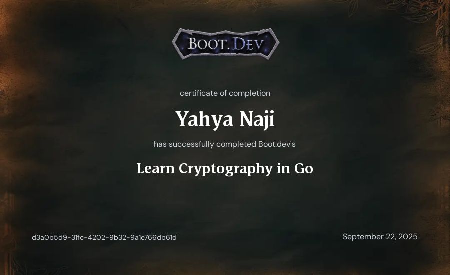 Yahya Naji's Boot.dev Learn Cryptography in Go certificate