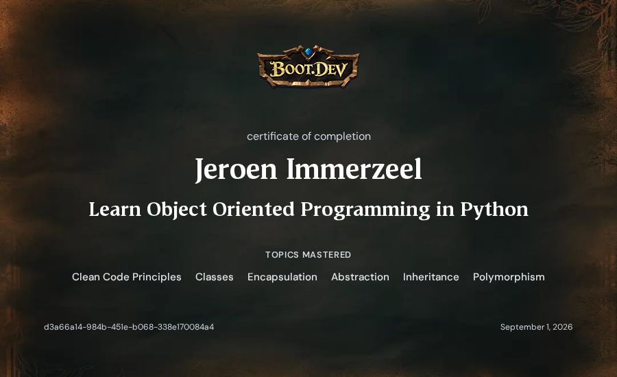 Jeroen Immerzeel's Boot.dev Learn Object Oriented Programming in Python certificate